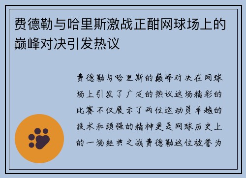 费德勒与哈里斯激战正酣网球场上的巅峰对决引发热议